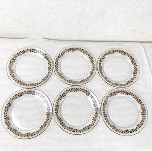 Vintage Arcoroc 6 Christmas Holly Berry Ribbon Salad Plates 8” Gold Trim Holiday